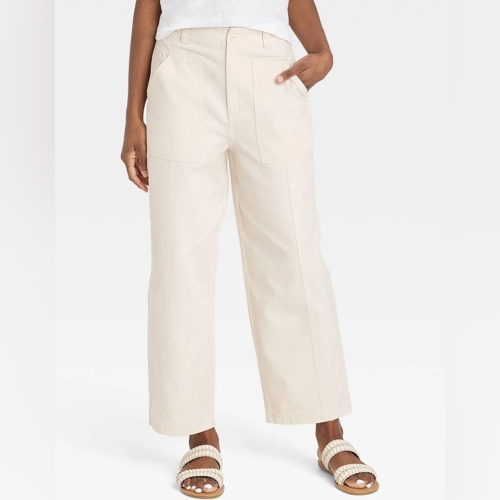 Universal Thread High Rise Utility Pants in Cream Cotton Elastic Back  NWT 12